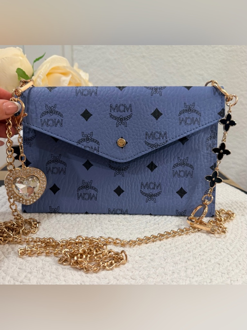 MCM Blue Monogram Clutch Crossbody (Novelty) + Heart extender and Keychain - NIB - Picture 3 of 10
